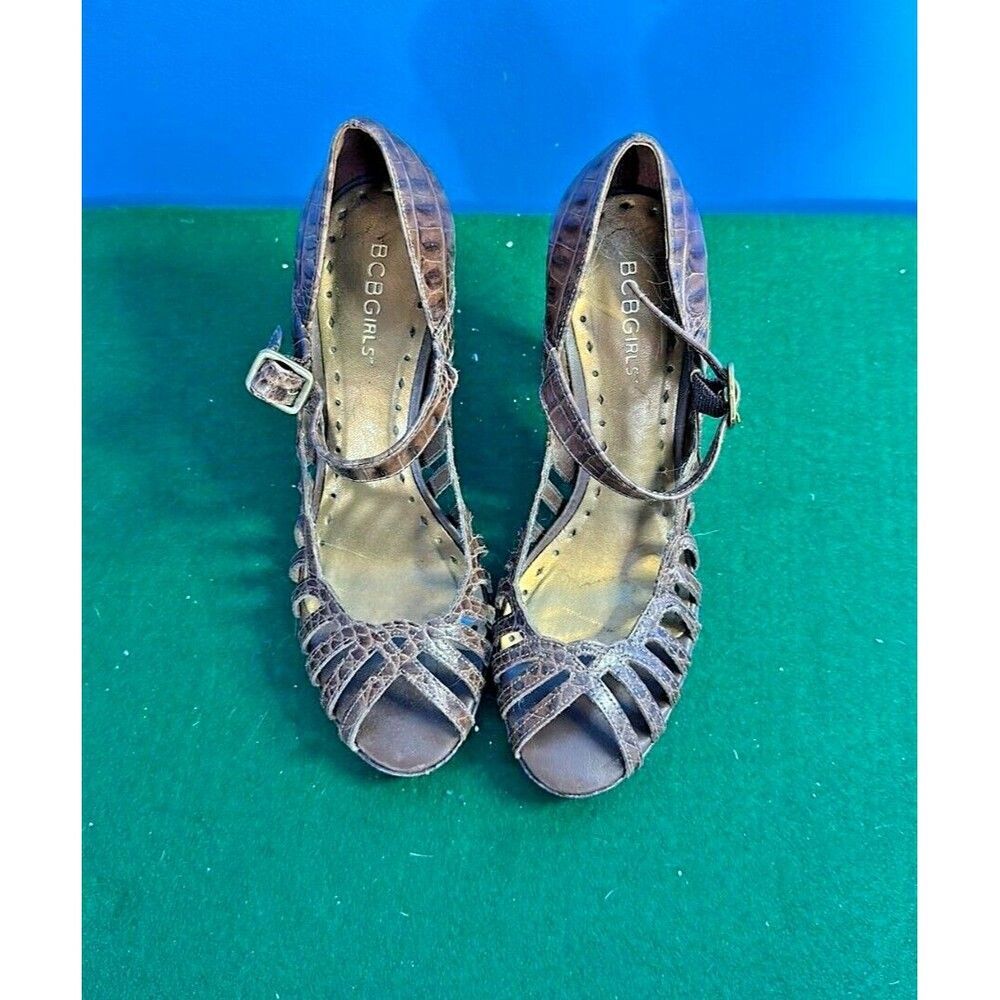 BCBGirls 7.5 Croc Embossed Leather Mary Jane Peep Toe Heels Shoes